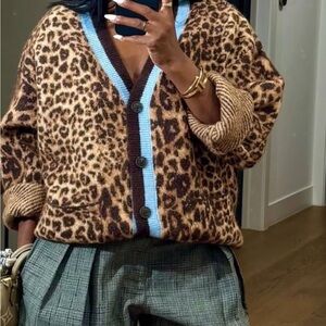 Leopard Print Cardigan with Blue Trim